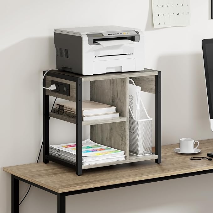 GAOMON Under Desk Printer Stand with Charging Station, Industrial Printer Table with 3 Storage Shelves, Mobile Heavy Duty Printer Cart with Lockable Wheels for Paper Storage, Home Office, Retro Gray