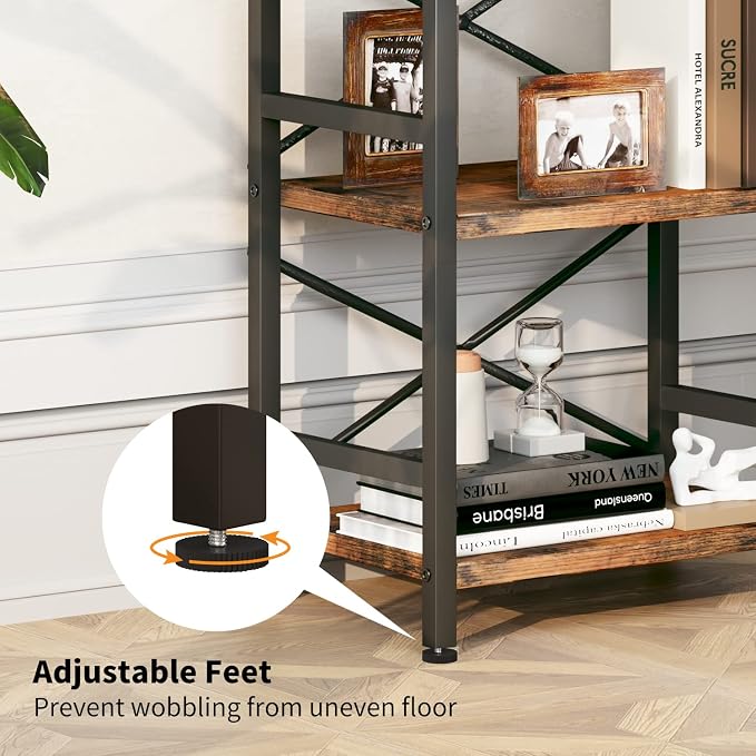 Homeiju Bookshelf, 3 Tier Industrial Bookcase, Metal Small Bookcase, Rustic Etagere Book Shelf Storage Organizer for Living Room, Bedroom, and Home Office(Rustic Brown) Patent Pending D29873033