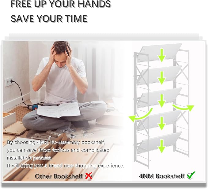 4NM 5 Tiers No Assembly Book Shelves, 51.2" H Folding Bookshelf Bookcase Open Industrial Foldable Shelves for Bedroom, Living Room, Home Office - All White