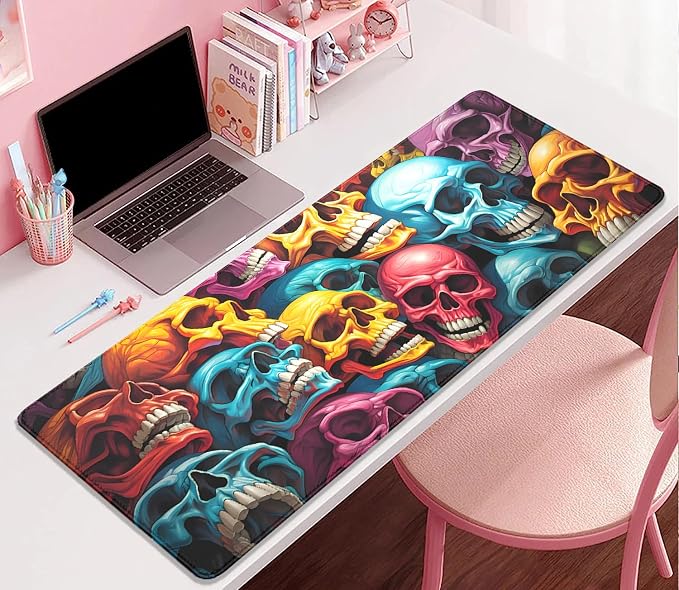 Scary Skeleton Mouse Pad Desk Pad,Colourful Skull Extended Gaming Mouse Mat with Stitched Edges Non-Slip Waterproof Rubber Base Mous Mat for Office Home Game Desk Pad(27.5X11.8 in)