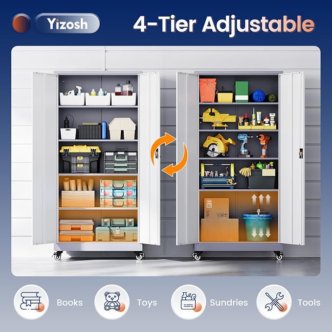 Yizosh Metal Garage Storage Cabinet with Locking Doors and Adjustable Shelves,- 75" Rolling Steel Tool Cabinet for Home Office,Garage,Warehouse