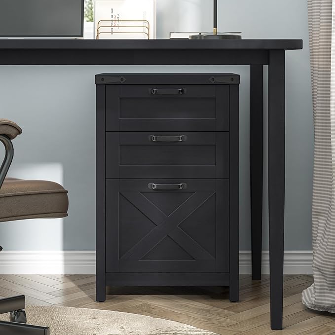 Halitaa 3 Drawer Small File Cabinet, Farmhouse Vertical Filing Cabinet Fits Letter and A4 Size, Under Desk Wooden File Cabinets for Home Office, Printer Stand, Black