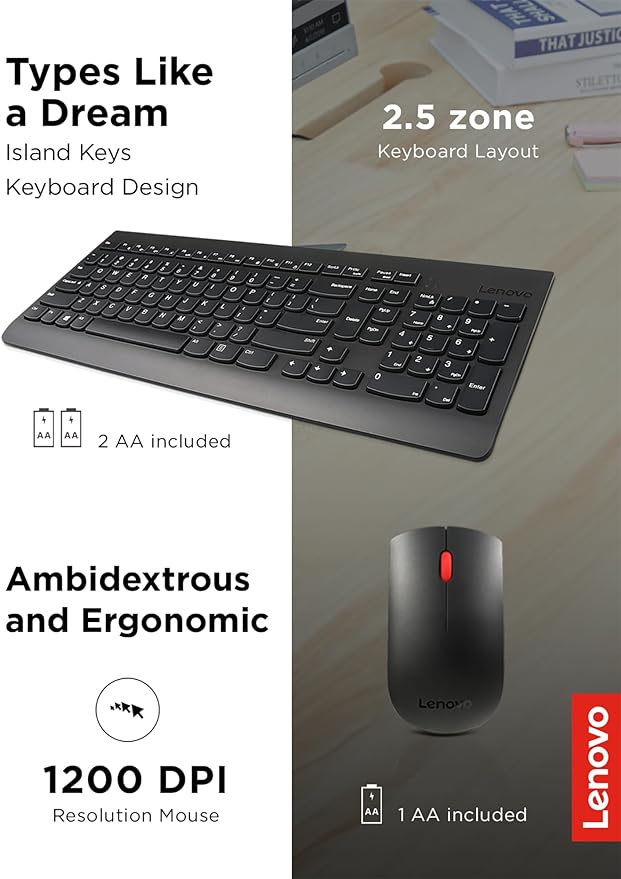 Lenovo 510 Wireless Keyboard & Mouse Combo, 2.4 GHz Nano USB Receiver, Full Size, Island Key Design, Left or Right Hand, 1200 DPI Optical Mouse, GX30N81775, Black