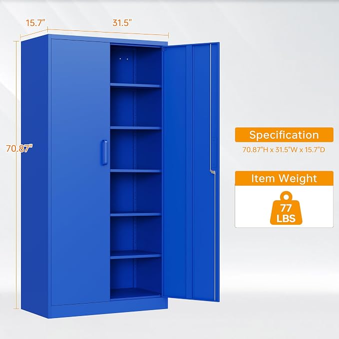 STANI Metal Garage Storage Cabinet with Lock, 71" Steel Lockable File Cabinet, Locking Steel Storage Cabinet with 5 Adjustable Shelves for Home, Office, Garage, Warehouse (Blue, 2 Door - 71" H)