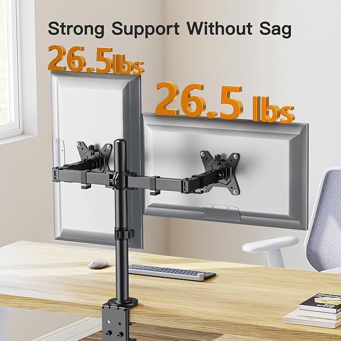 ErGear Dual Monitor Desk Mount for 13″–34″ Monitors up to 26.5 lbs, Fully Adjustable Monitor Stand Holds 2 Computer Screens, Heavy-Duty Dual Monitor Arm with C-Clamp & Grommet Base, Black, EGCM13B