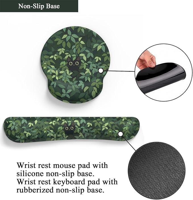 Cute Ergonomic Green Mouse Pad Cat Wrist Support,[ 20% Larger] Wrist Rest Gel Anime Kawaii 3D Green Office Plants Mouse Pads, Keyboards Silicon Wrist Pad,Pain Relief,Game Work Study Home Office.