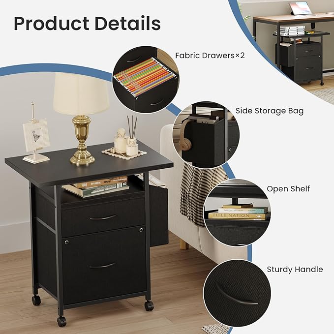 DUMOS 2 Drawer Mobile File Cabinet, Fabric Filing Cabinet with 24'' Desktop,Small Office Drawers Under Desk Fits A4 Size, Rolling Printer Stand with Storage Side Bag for Home Office, Black