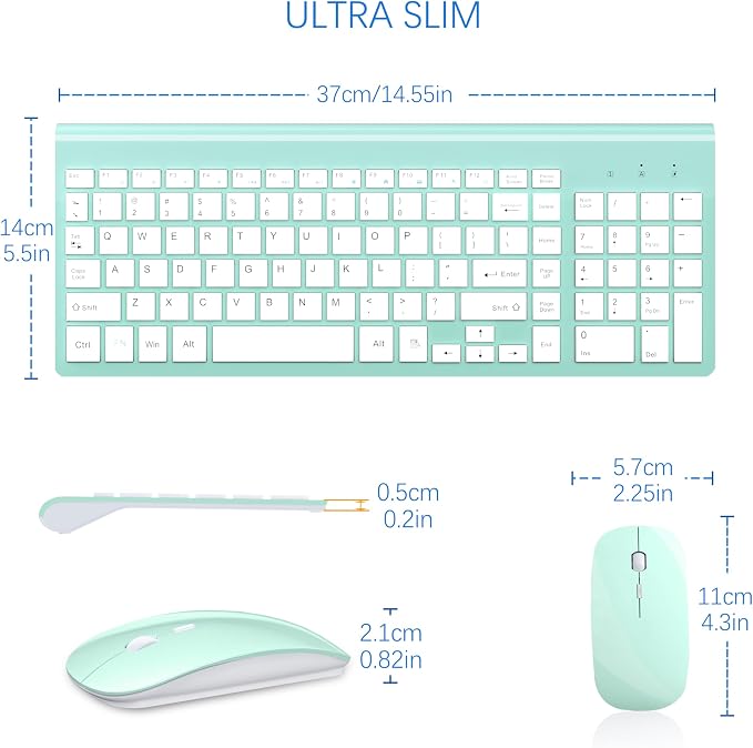 Wireless Keyboard and Mouse Ultra Slim Combo, TopMate 2.4G Silent Compact USB 2400DPI Mouse and Scissor Switch Keyboard Set with Cover, Batteries Included, for PC/Laptop/Windows/Mac - Mint Green