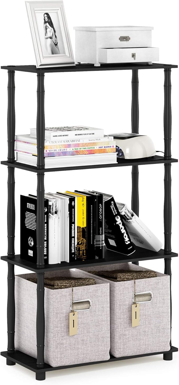 Furinno TURN-N-TUBE Storage Shelves, 4-Tier Book Shelf, Corner Shelf, Toolless Open Shelves, Classic Tubes, for Organization and Storage, Living Room, Home Office, Americano