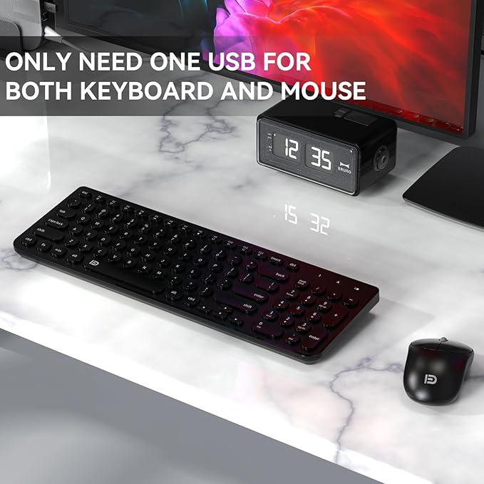 Wireless Keyboard and Mouse Combo, FD iK6630 2.4GHz Cordless Cute Round Key Set Smart Power-Saving Quiet Slim Combo for Laptop, Computer,TV and Mac
