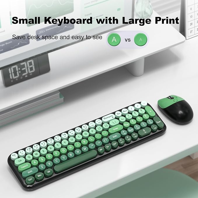 MOFII Wireless Keyboard and Mouse Combo, Compact Small Keyboard with Large Print, 2.4GHz Retro Typewriter Keyboard, Quiet Click Mouse for PC, Laptop, Desktop, Windows (Black Green Gradient)