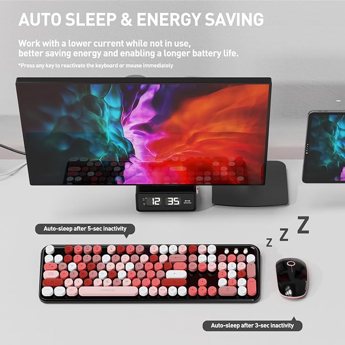 FOPETT 2.4GHz Wireless Keyboard and Mouse Set with Switch Button - Full-Size Keyboard - Compatible for Windows/Laptop/PC/Notebook/Smart TV and More - Black Colorful