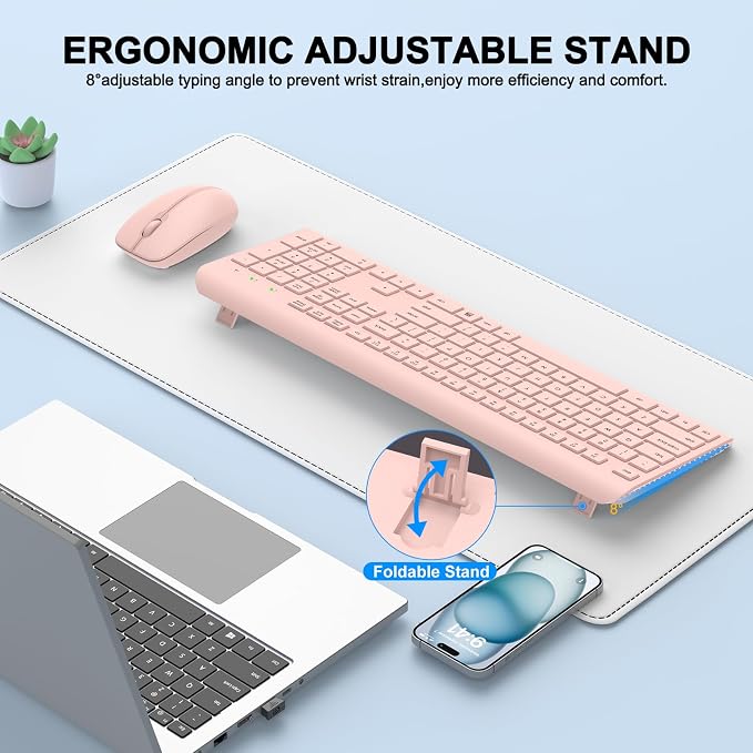 Wireless Keyboard and Mouse Combo, Full Size Silent Ergonomic Keyboard and Mouse, Long Battery Life, Optical Mouse, 2.4G Lag-Free Cordless Mice Keyboard for Computer, Mac, Laptop, PC, Windows(Pink)