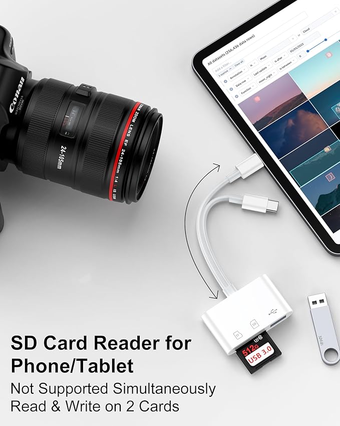 SD Card Reader for iPhone, iPad, Samsung, Memory SD Card Reader USB C&Lightning Dual Port Micro SD Card Reader with USB Camera Adapter Plug and Play Trail Game Camera Card Viewer Supports SD/TF Card
