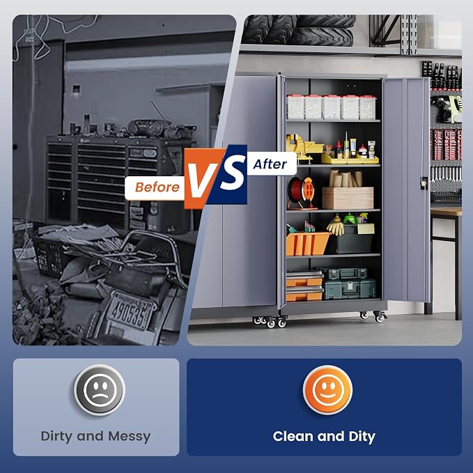 Yizosh Metal Garage Storage Cabinet with Locking Doors and Adjustable Shelves,- 75" Rolling Steel Tool Cabinet for Home Office,Garage,Warehouse