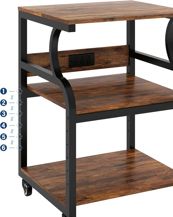 Natwind Large 3-Tier Rolling Printer Cart with Adjustable Shelf, 24”x20” Mobile Stand for Heat Press, 3D Printer, Home Office Multifunctional Shelves with Locking Wheels (Retro)