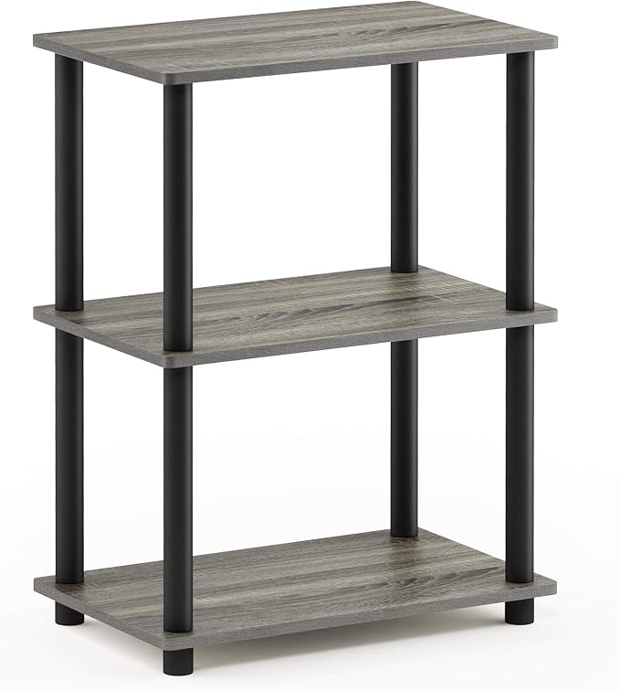 Furinno Turn-N-Tube No Tool 3-Tier Storage Shelf, Narrow, French Oak Grey/Black