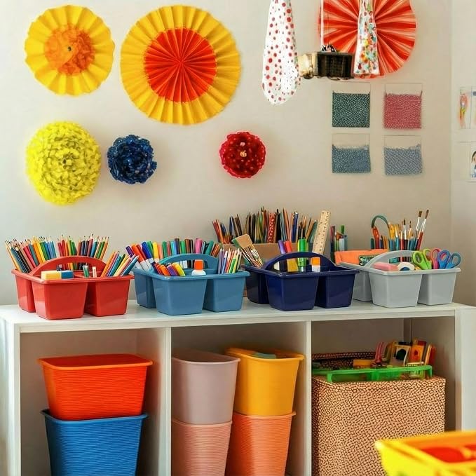 Kathfly 4 Pack Classroom Caddy Organizer with Handle, Plastic Art Craft Cleaning Caddy Bulk, Small Multipurpose Supply Organization Storage Basket for Table Desk Office Pencil Teacher (Deep Color)