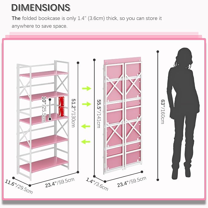 4NM 5 Tiers No Assembly Book Shelves, 51.2" H Folding Bookshelf Bookcase Open Industrial Foldable Shelves for Bedroom, Living Room, Home Office - Pink White
