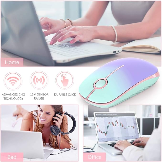 VssoPlor Wireless Mouse, 2.4G Slim Portable Computer Laptop Mouse with Nano Receiver Quiet Silent Optical Mice for Notebook, PC, Laptop, Computer-Mint Green to Purple