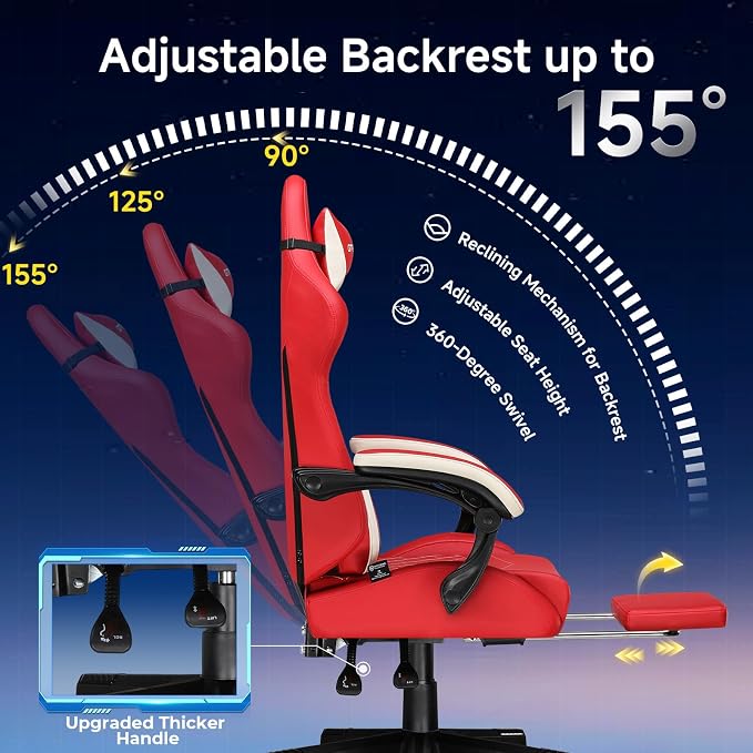 GTPLAYER Gaming Chair, Video Game Chairs with Footrest and Lumbar Support, Computer Chair for Adults with Extended Backrest, Ergonomic Reclining Silla Gamer, PU-Leather, Red