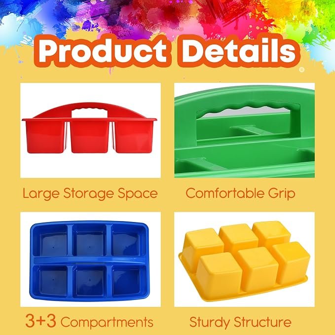 ALINK Plastic Classroom Caddy with 6 Compartments, 6-Pack Teacher Supply Storage Caddy Organizer for Classroom Supply, Office, Table, Desk, Craft Art, Pencil, Crayon, Marker - Assorted Colors