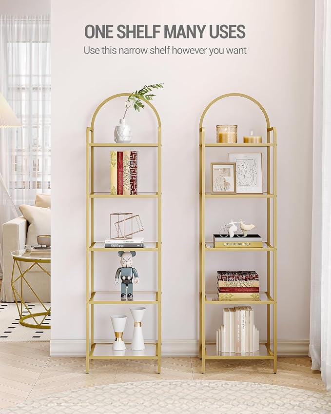 Hzuaneri Bookcase Bookshelf, Tempered Glass Bookshelves, Slim Shelving Unit for Bedroom, Bathroom, Home Office, Steel Frame, 6 Tier Gold BC10601G