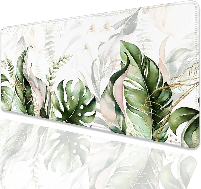 Green Tropical Leaves Mouse Pad Desk Pad,Green Sage Plant Extended Gaming Mouse Mat with Stitched Edges Non-Slip Waterproof Rubber Base Mous Mat for Office Home Game Desk Pad(27.5X11.8 in)