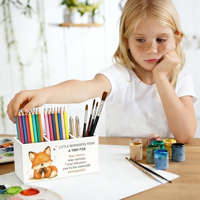 Positive Fox Pen Pencil Holder Desk Accessories Gifts for Women | Cute Fox Inspirational Pen Pencil Wooden Organizer Office Accessories Decorations for Dorm Room Bedroom Tabletop Desk Decor