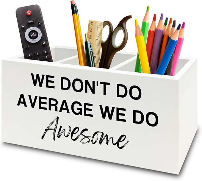 Inspirational Pen Pencil Holder Organizer for Desk, Inspirational Gifts for Women, We Don't Do Average We Do Awesome Motivational Wooden Box Sign for Home Office Desk Tabletop Decorations