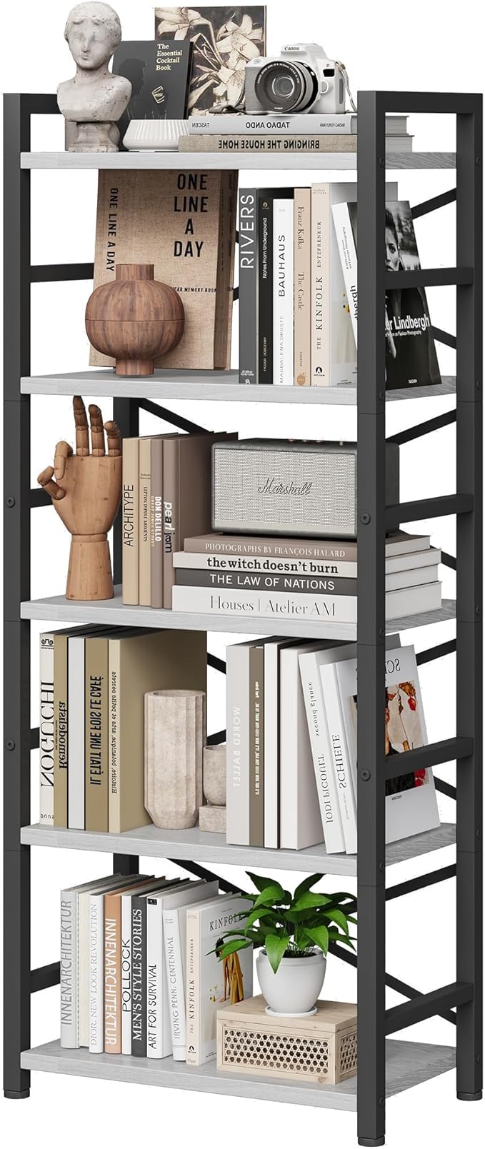Homeiju Organization and Storage, 5 Tier Bookshelf, Tall Bookcase with Shelves, Wood and Metal Book Shelf Storage Organizer, Industrial Display Standing Shelf Unit for Bedroom, White