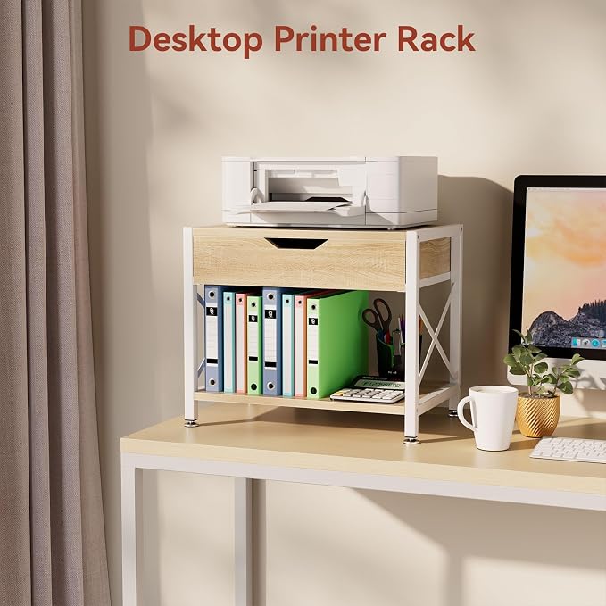 IBUYKE 2 Tier Desktop Printer Stand,Multi-Purpose Desk Organizer,Wooden Printer Stand with Drawer Storage for Folders,Books,for Fax Machine, Scanner,Home Office,Light Wood TLJ012R