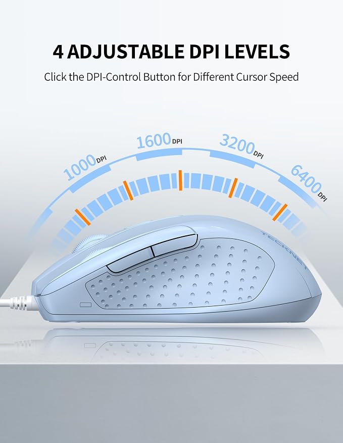 TECKNET Wired Mouse, 6-Button Corded with 4 Adjustable DPI, Optical Mouse with Ergonomic Design and 5FT Cord for Laptop, Chromebook, PC, Desktop, Mac, Notebook - LT.Blue