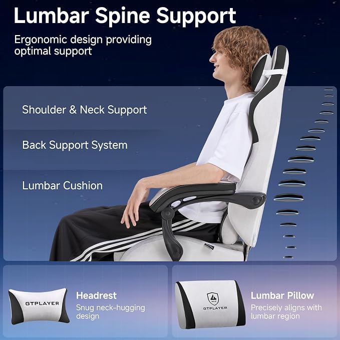 GTPLAYER Gaming Chair, Video Game Chairs with Footrest and Lumbar Support, Computer Chair for Adults with Extended Backrest, Ergonomic Reclining Silla Gamer, Fabric, Grey