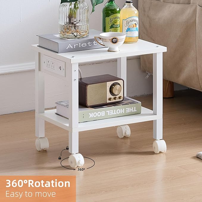 Lerliuo Under Desk Printer Stand with Charging Station, 2 Tier Wooden Small Printer Table with Storage, Rolling Printer Cart Shelf with Lockable Wheels for Home, Office (White)