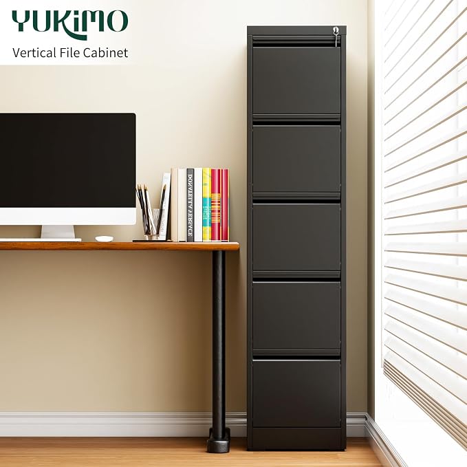 5 Drawer File Cabinet with Lock, Vertical File Cabinet with Lock, Locking File Cabinet Hanging Files for A4/ Legal/Letter, Require Assembly, Black