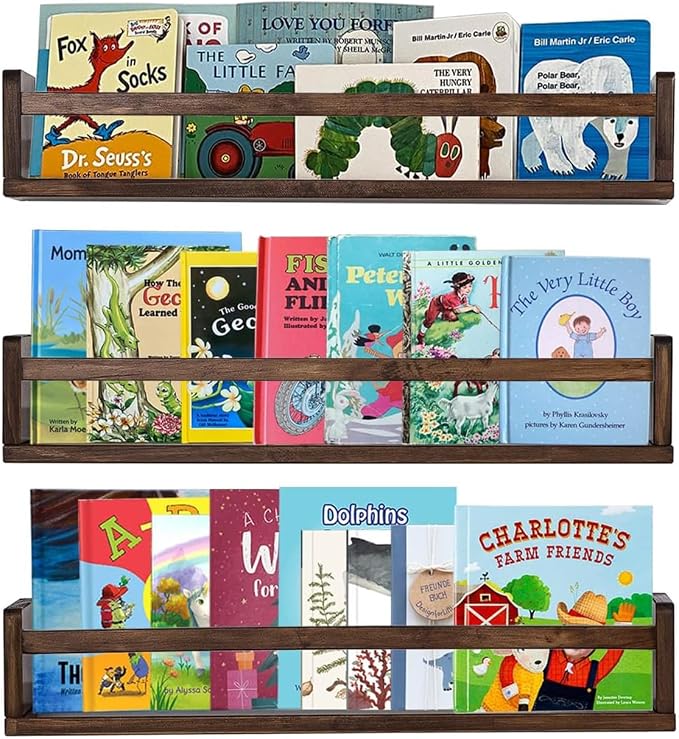 AZSKY Nursery Book Shelves 24 Inch Deep Walnut Floating Bookshelf for Kids Room Wall Mounted Floating Shelves Solid Nursery Bookshelf Perfect Decor for Kitchen Bedroom Living Room Set of 3