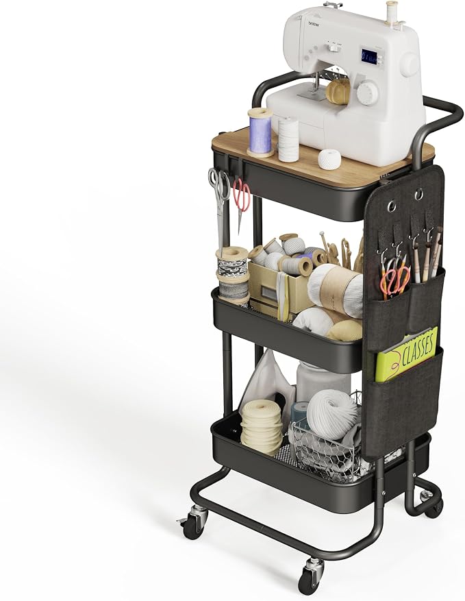 DTK 3 Tier Metal Utility Rolling Cart with Table Top and Side Bags, Tray Storage Organizer Wheels, Art Craft 4 Hooks for Kitchen Bathroom Office Living Room (Black)