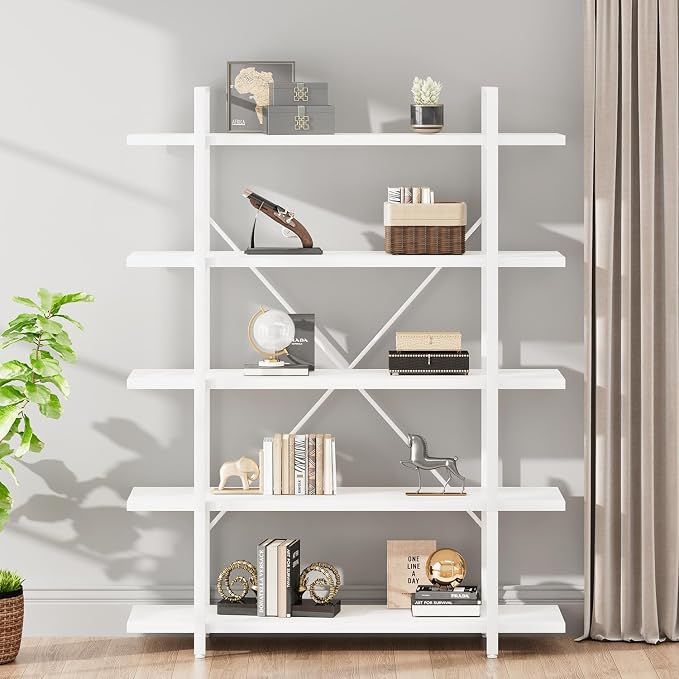 HSH 5 Tier Tall White Bookshelf, Metal and Wood Storage Book Shelves for Bedroom Living Room Office, Modern Large White Bookcases and Bookshelves 5 Shelf, Farmhouse Open Vertical Display Book Shelf