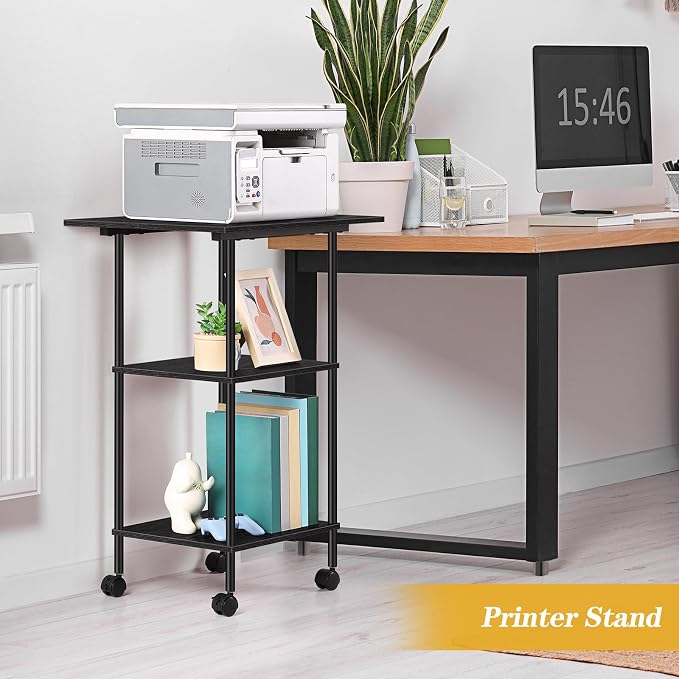 Black Modern Printer Stand with Storage 3 Tier Rolling Cart, Large Printer Table for Home Office, Multi-Level Storage, Compatible with Printers, Scanners, Office Supplies