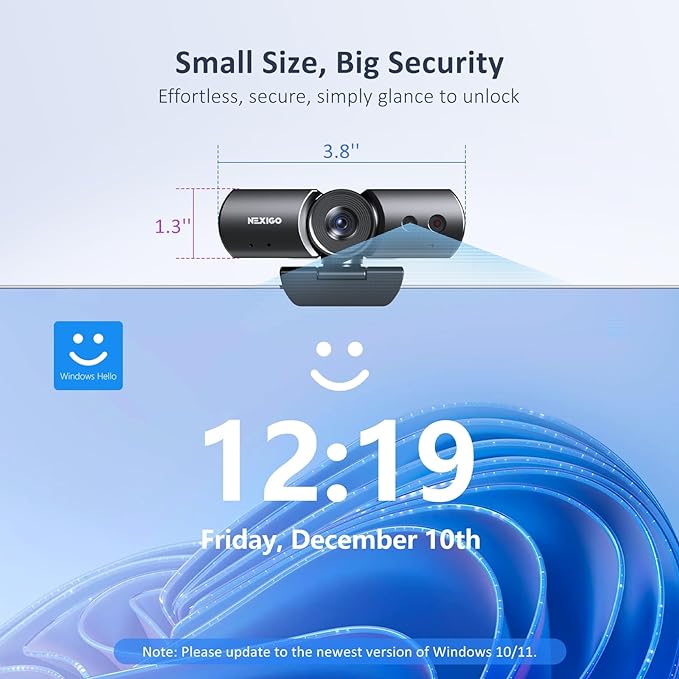 NexiGo HelloCam Pro, Webcam with Windows Hello, 1080P 60FPS Autofocus, True Privacy, Automatic Electronic Shutter, Computer Camera, Microphone, Facial Enhancement, HD USB Web Cam