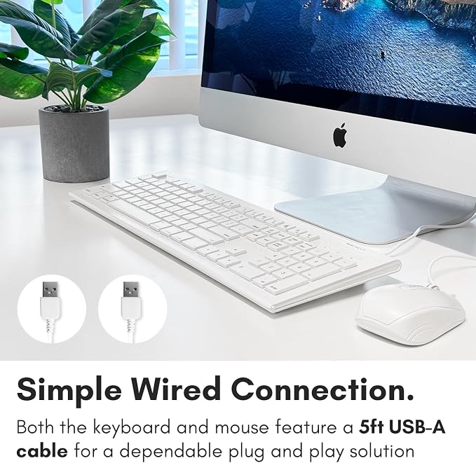 Macally 104 Key USB Wired Keyboard and Mouse Combo with Apple Shortcut Keys for Mac, iMac, Macbook, and Windows PC (MKEYECOMBO), White