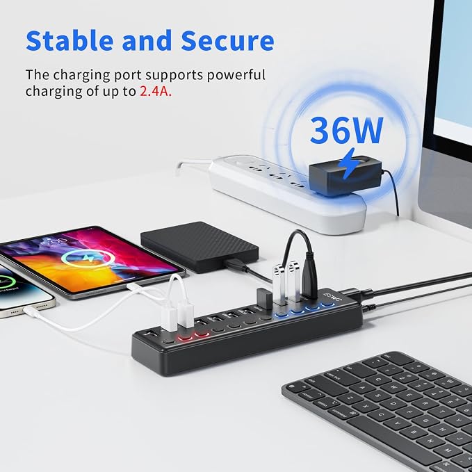 Powered USB Hub, JESWO 11-Port USB 3.0 Hub (7 Data Transfer Ports + 4 Smart Charging Ports) with Individual LED On/Off Switches, USB Hub Powered with 12V/3A Power Adapter for Mac, PC