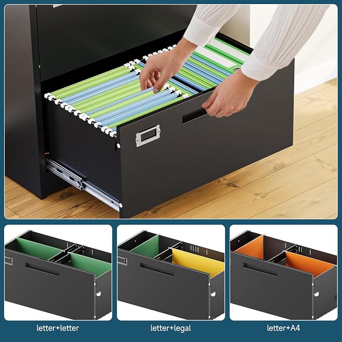 MIIIKO Lateral 2 Drawer File Cabinet, Black Metal Filing Cabinet with Lock, Drawer Storage File Cabinets for Home Office,Hanging Files Folders Letter/Legal/A4 Size