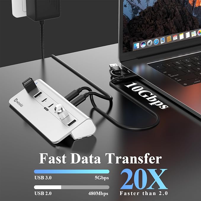 USB C Hub,Powered USB Hub with 5V 3A Power Adapter, 10Gbps USB Splitter with 4 USB-A and 3 USB-C Ports, 7-Port Type C Multiport Adapter for MacBook Air/Pro, iPhone 16/15, Laptop and More(Silver)