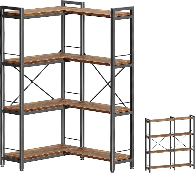 Huuger 4 Tier Bookshelf, L Shaped Corner Bookshelf with 8 Open Shelves, 49.4 Inch Straight Wide Bookcase with Metal Frame and Wooden Board, Adjustable Feet, Rustic Brown