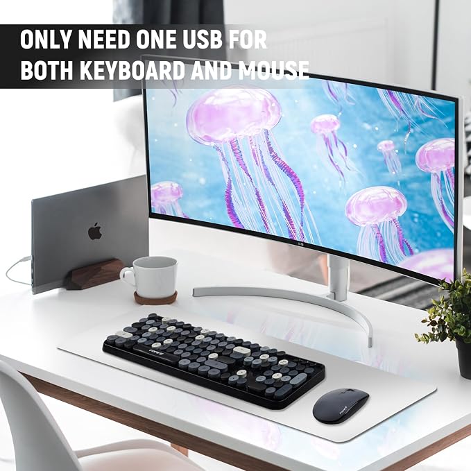 FOPETT Wireless Keyboard and Mouse Combo - 2.4G Full-Sized Cute Colorful Retro Keyboard with Round Keycaps 104 Keys Typewriter Keyboard for Laptop/Windows/PC - Grey Colorful