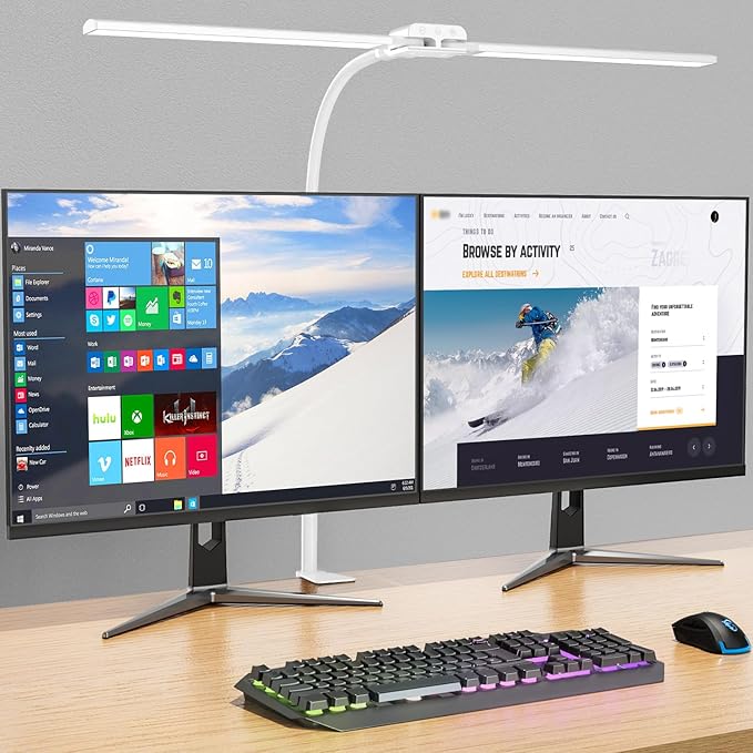 KableRika Desk lamp,Double Head LED Desk Lamp with Clamp,Architect Desk Lights for Home Office,Eye-Caring Desktop Office Lamp 4-Brightness 4-Color Table Lamp for Monitor Workbench Reading White