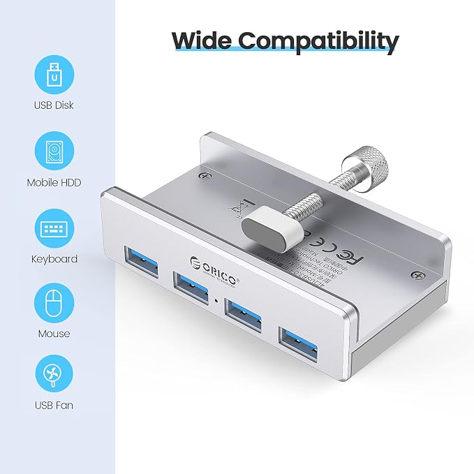 ORICO USB 3.0 Hub, USB Hub Clamp, Aluminum 4-Port USB Splitter with 4.92 FT USB Data Cable, Desktop Powered USB Hub for Monitors/Desks-Silver (Without Power Adapter)
