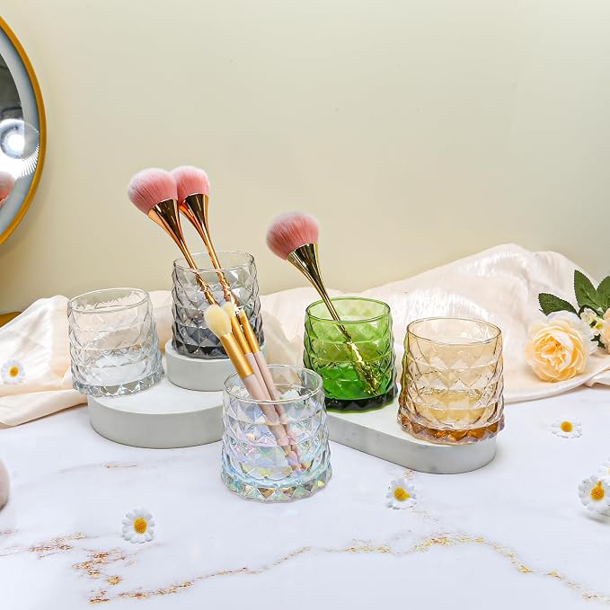 DASITON Glass Makeup Brush Holder Organizer, Diamond Pattern Cosmetic Storage Cup, Makeup Organizer for Vanity, Bathroom Countertop Toothbrush Holder, Desk Pen Pencil Holder (Clear)